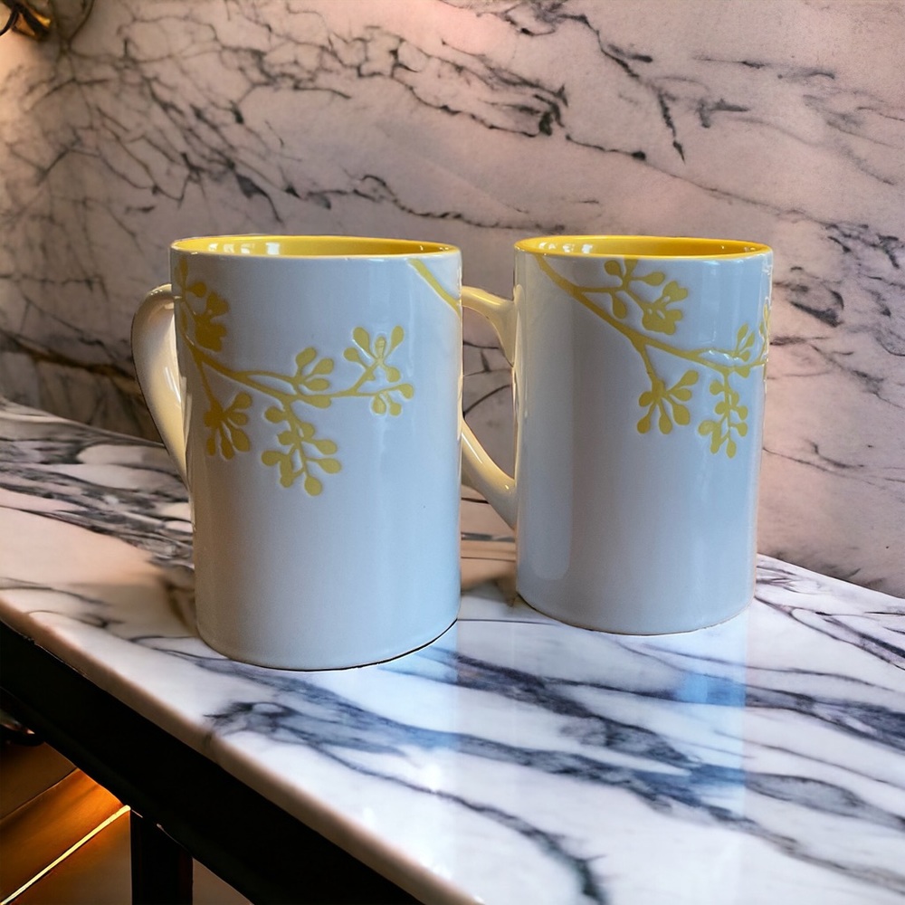 Pier 1 Sunny Branch Mug Set of 2 Wild Olive White Stoneware Yellow Leaves